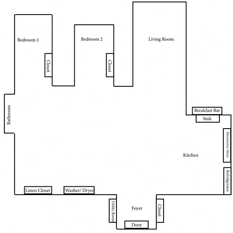 Floor plan for 2 beds, 1 bath, 1101 sqft